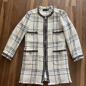 Zara Cream Boucle Coat Jacket Wool Blend Zip Front Tweed Texture Plaid size M